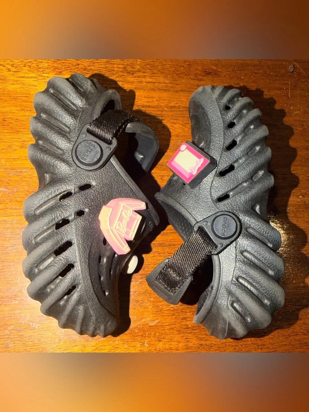 Crocs C6 Kids Black Clog Slip On w/ Barbie Jibbitz Charms Adjustable Strap Girls
